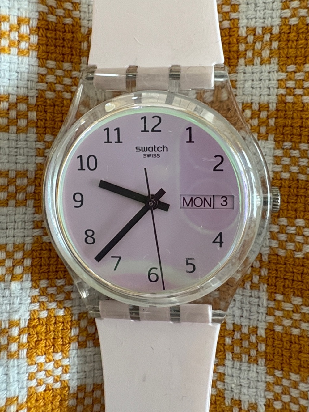 Swatch Soft Pink Strap Watch with Iridescent Lavender and Green shade Crystal